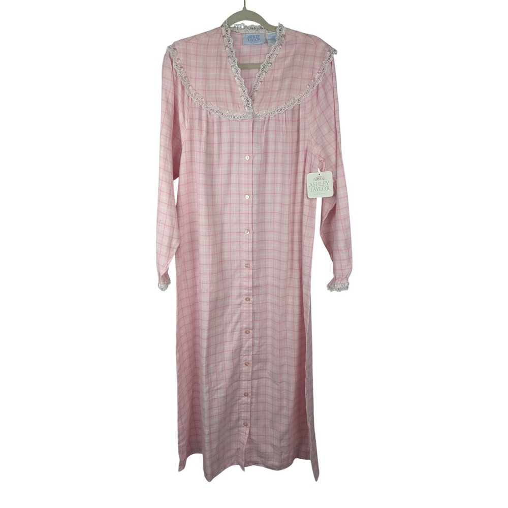 Ashley Taylor Pink White Grid Lace Trim Cotton Nightgown Button Front Large NWT